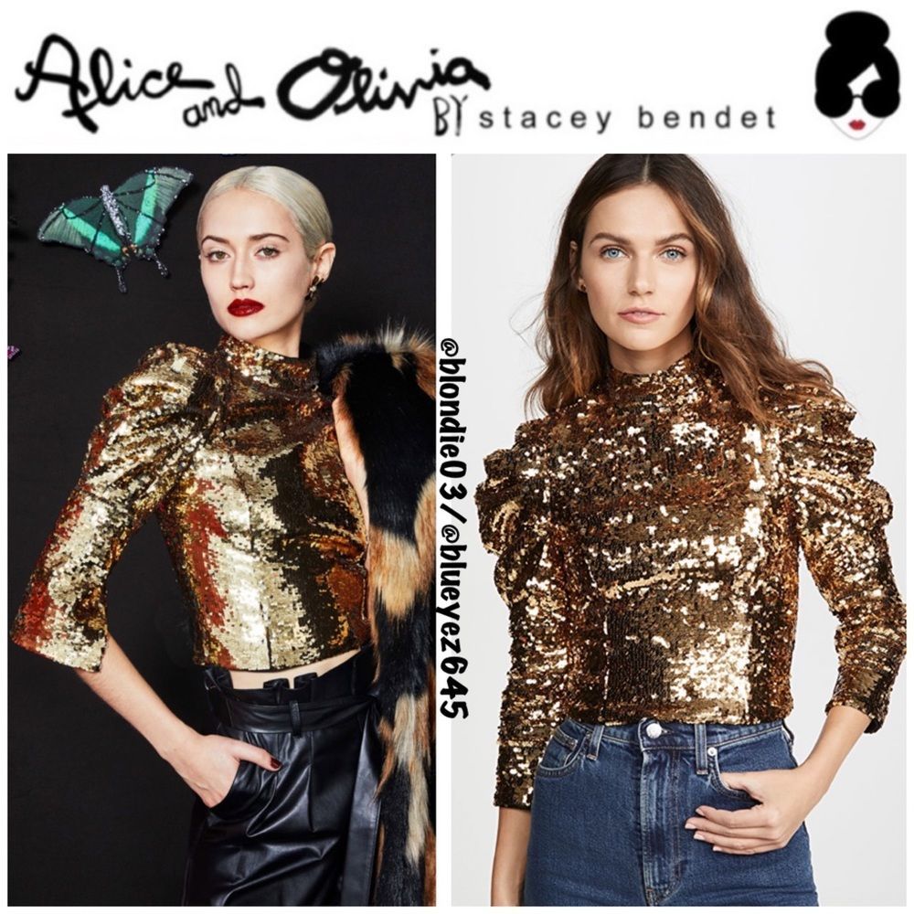 Alice + Olivia Brenna Sequin Puff Sleeve Top 0